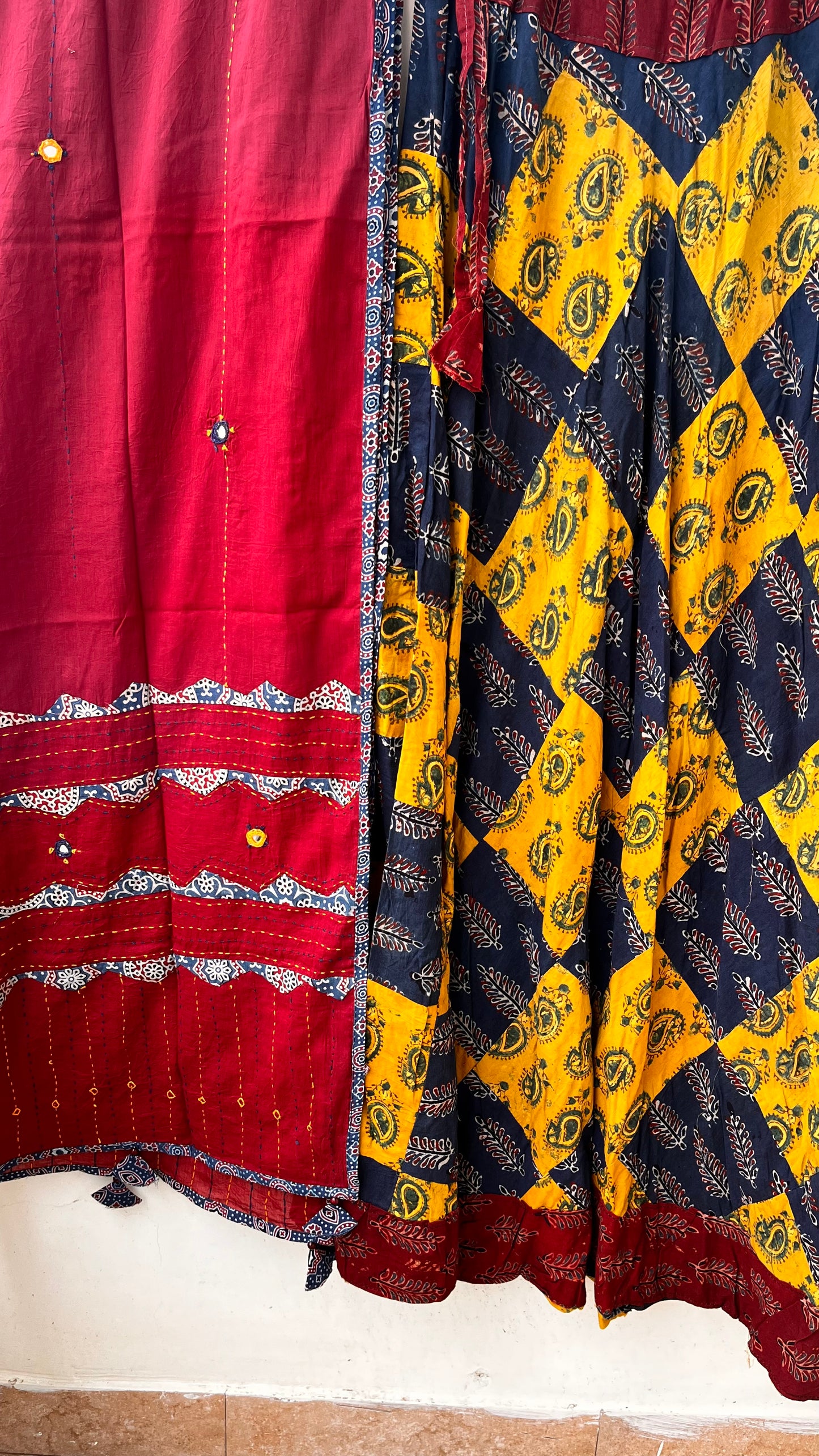 Mustard Yellow and Blue Gherdaar Kali Cotton Long Flared Skirt with Maroon Applique Patchwork Dupatta
