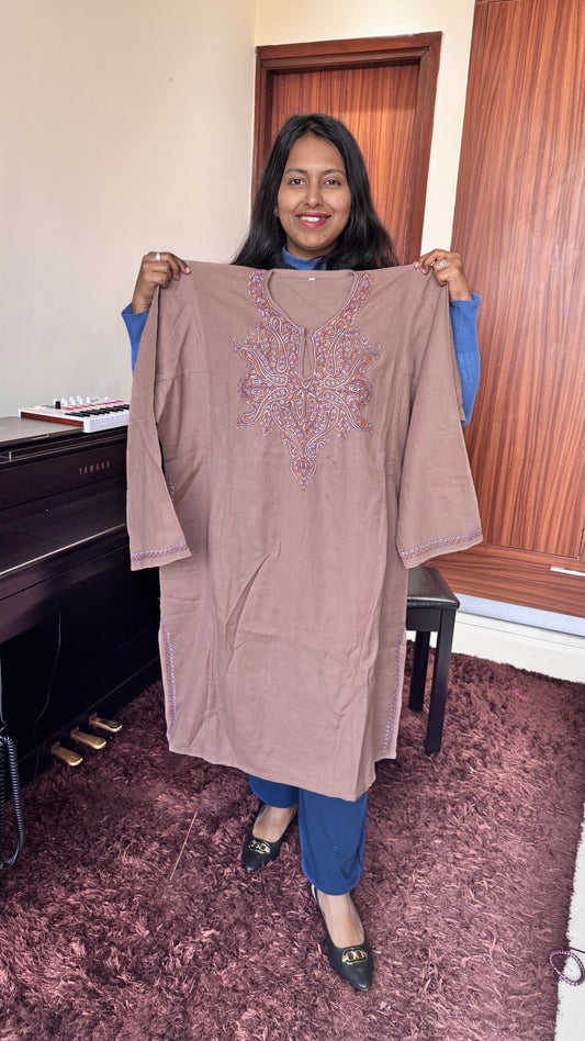 Mouse Shade Hand Embroidered Pure Marino Wool Kashmiri Pheran with Pockets and Hand Embroidered Sleeves (Size 52”)