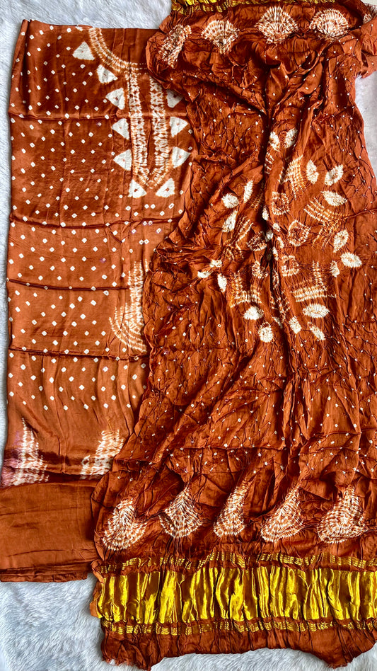 Earthy Brown Bandhej Semi Modal Silk 3 pc Suit Set with Lagdi Patti Dupatta