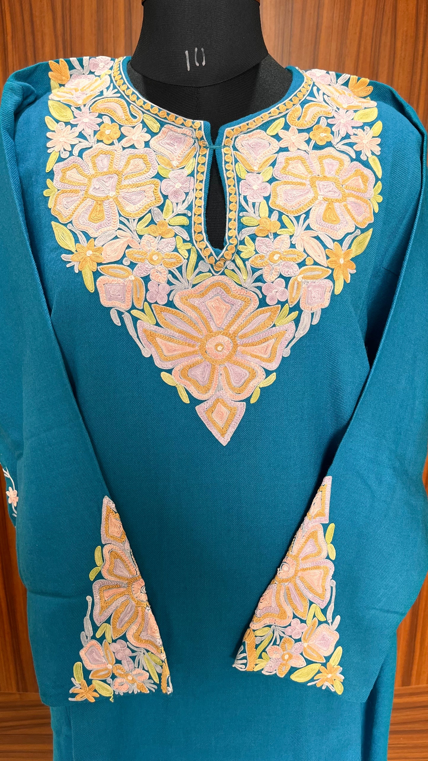 Deep Turquoise Aari Hand Embroidered Marino Wool Pheran with Pockets