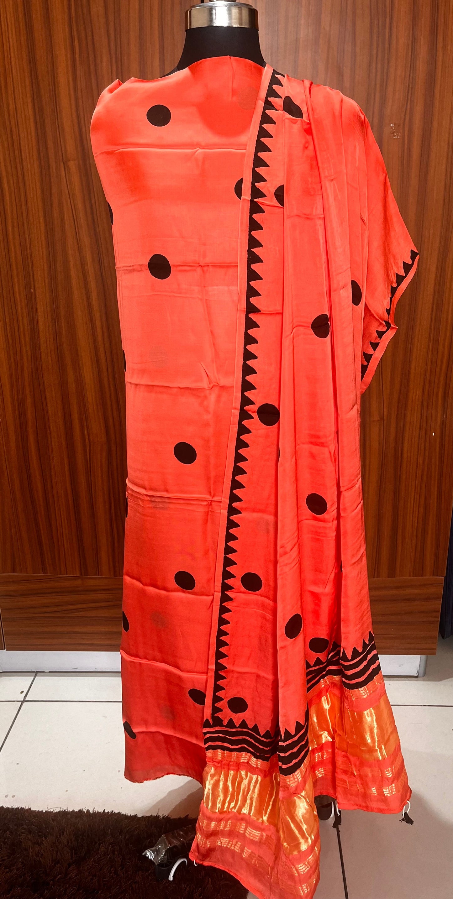 Peachish Orange Polka Motif Pure Modal Silk 2pc Suit Set with Lagdi Patti Dupatta