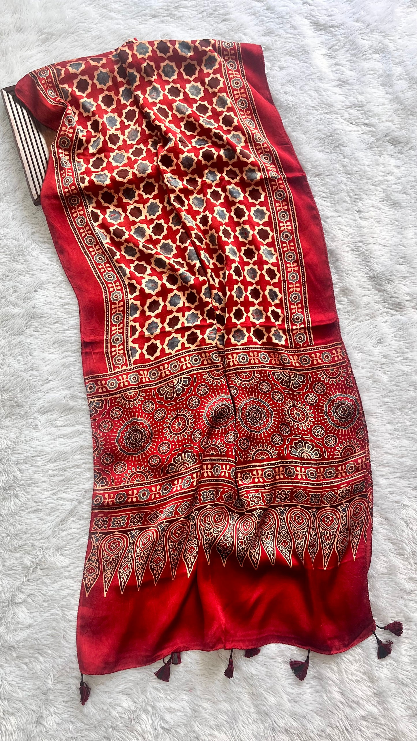 Red Barfi Motif Ajrakh Hand Block Print Modal Silk Stole with Tassels