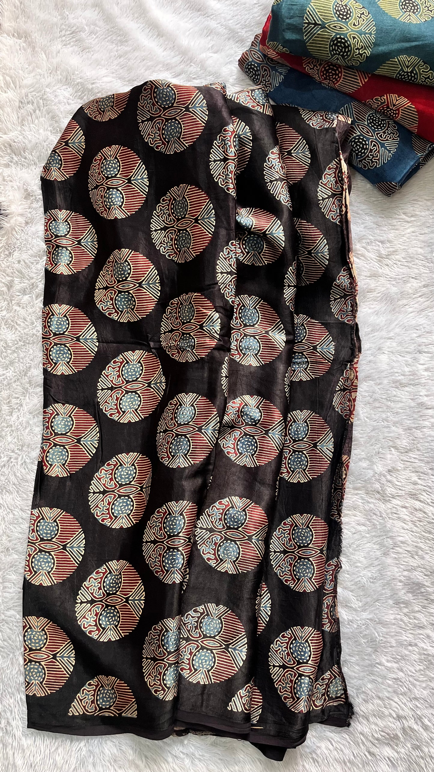 Majestic Black Circle Motif Ajrakh Mashru Silk Fabric