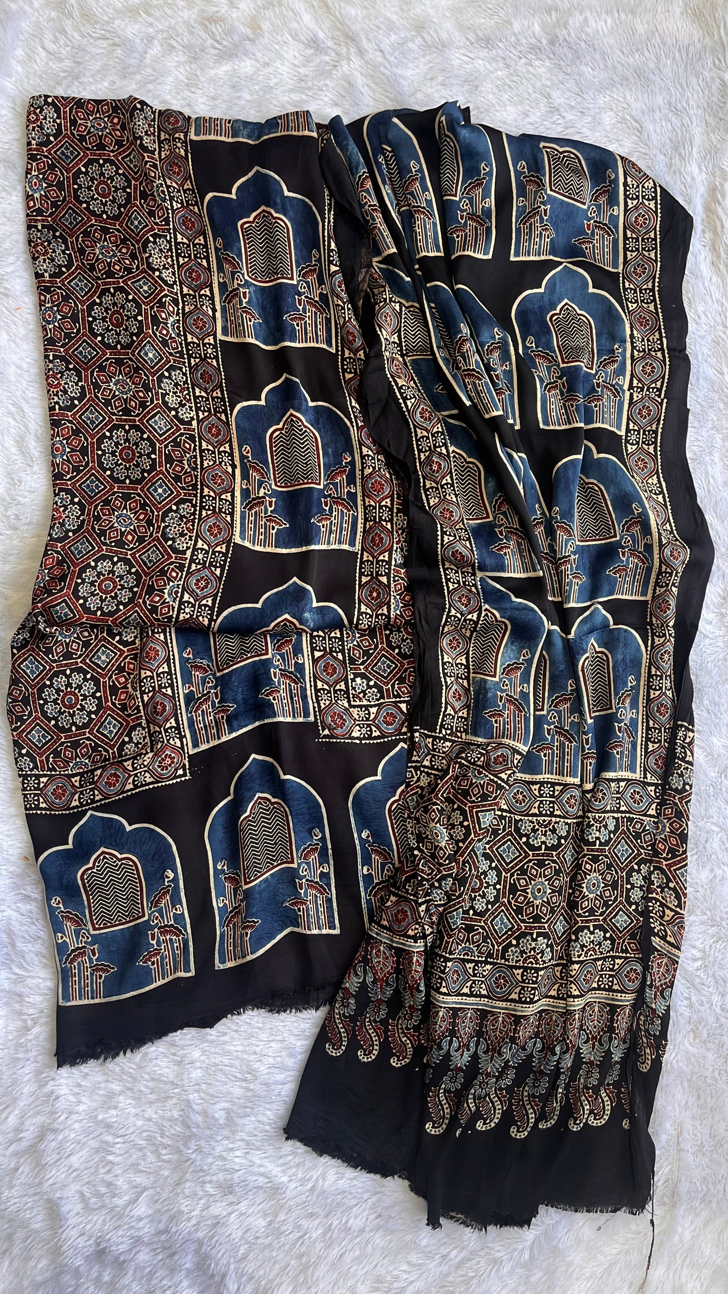 Black and Blue Khidki Motif Modal Silk Ajrakh Hand Block 2 pc Suit Set