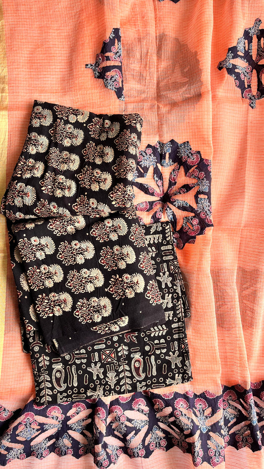 Black Mugal Booti Pure Cotton Ajrakh Unstitched Suit Set with Ajrakh Applique Kota Dupatta