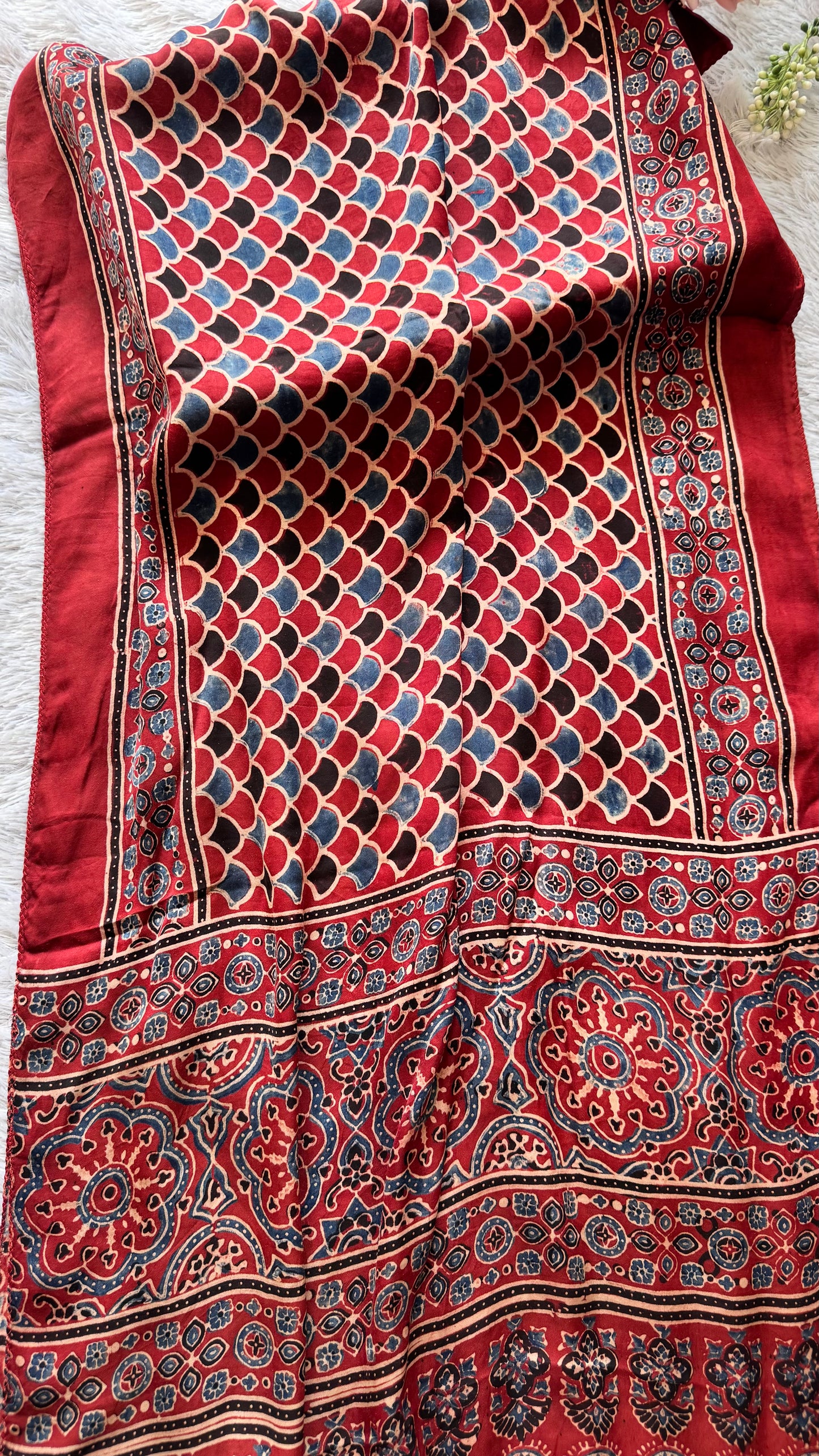 Maddar Red Honeycomb Motif Ajrakh Hand Block Print Modal Silk Stole with Tassels