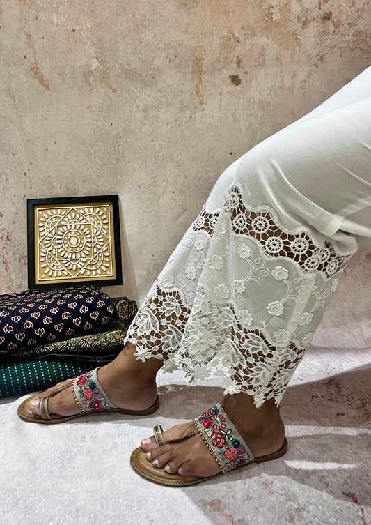 Dazzling White Cotton Cut Work Lace Pants