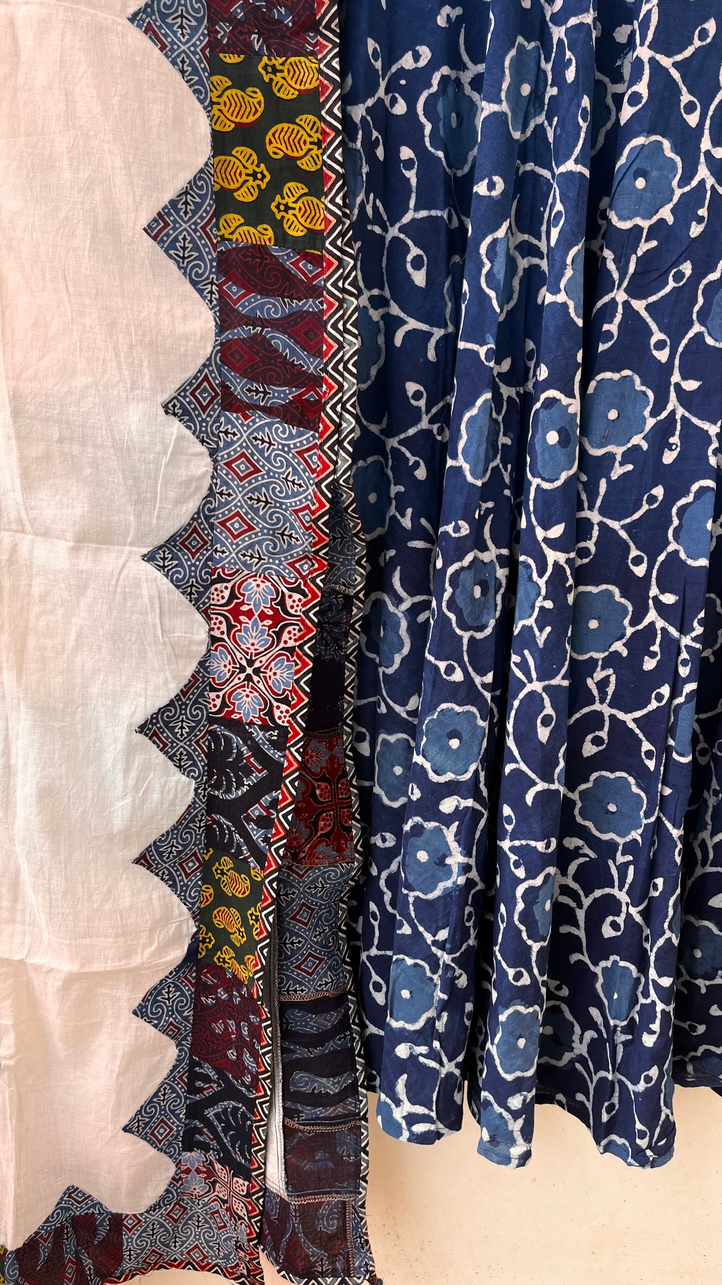 Indigo Kali Cotton Long Flared Skirt with White Multicoloured Applique Patchwork Dupatta