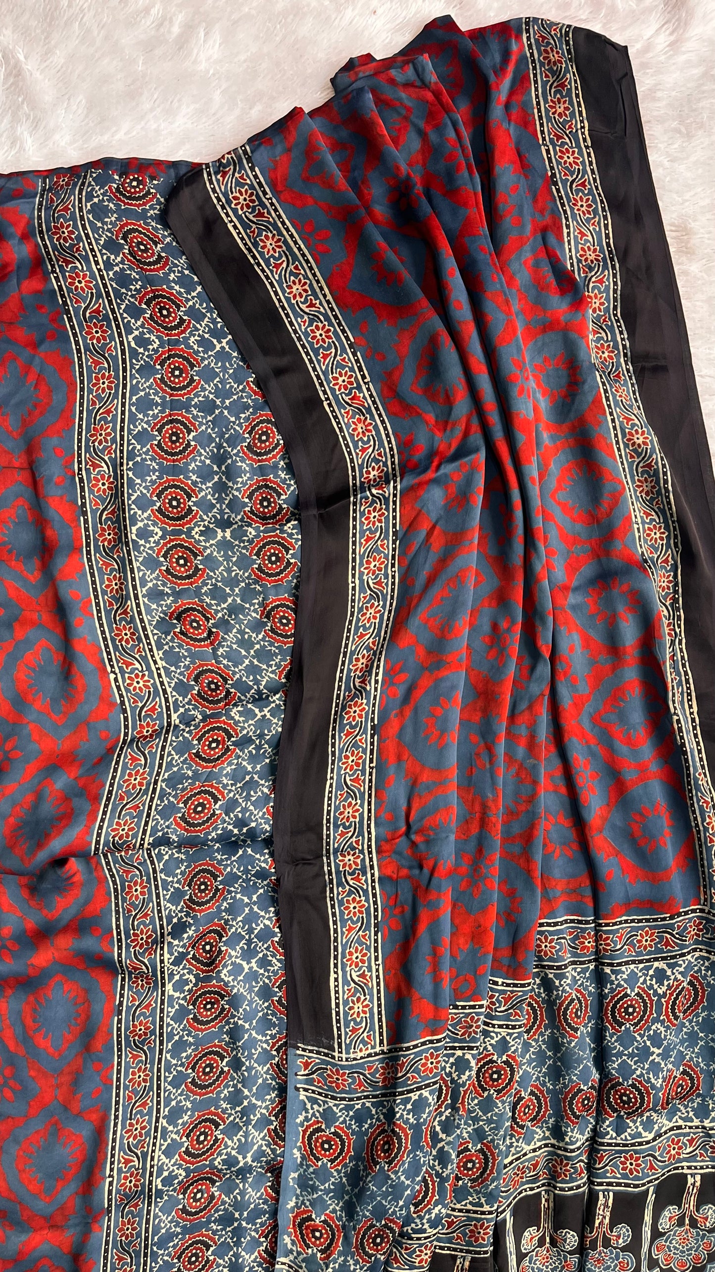 Indigo and Red Abstract Motif Modal Silk Suit Material with Ajrakh Modal Dupatta