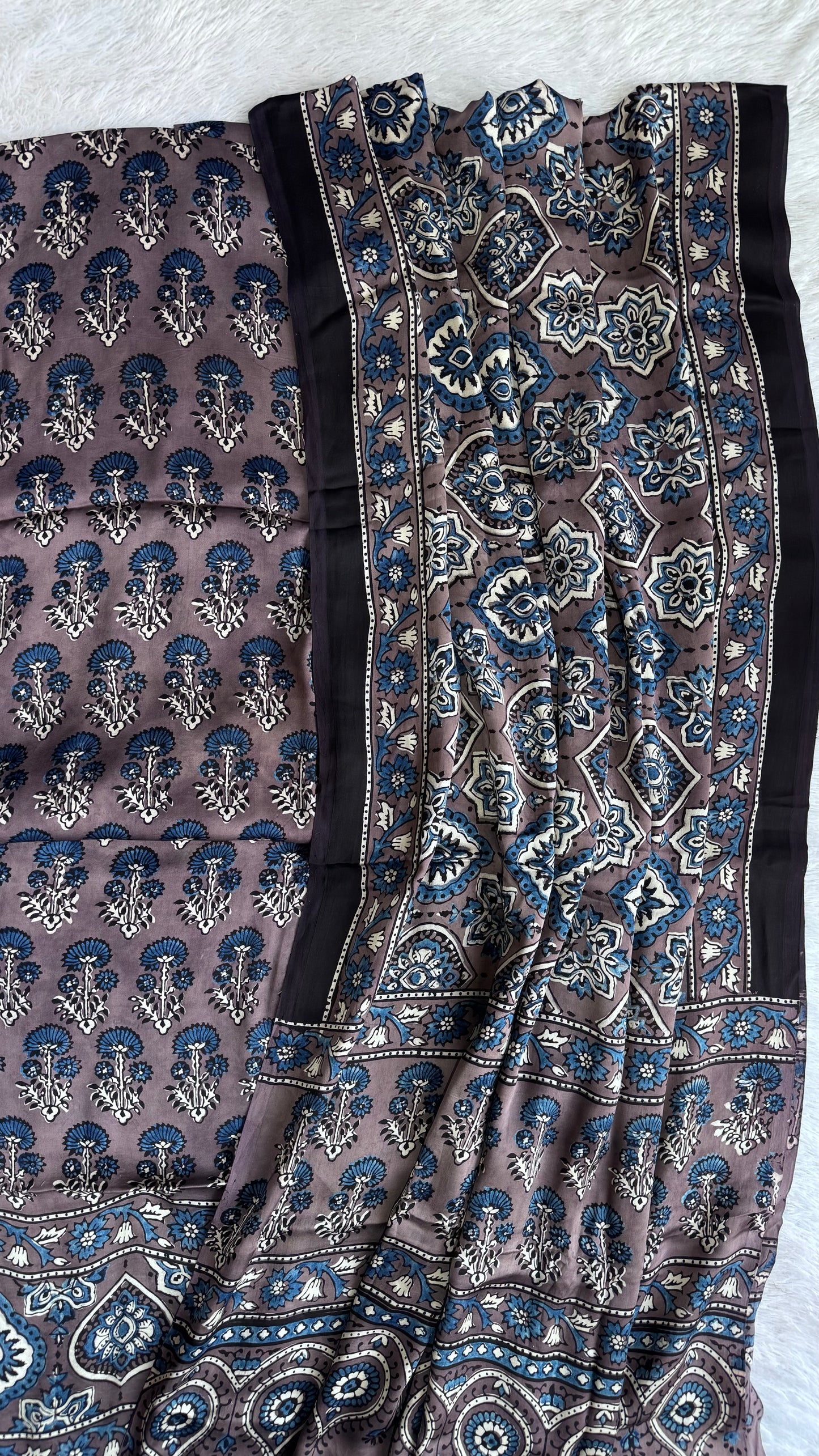 Ash Brown Mugal Buta Motif Ajrakh Hand Block Modal Silk 2pc Suit Material Set with Modal Silk Dupatta
