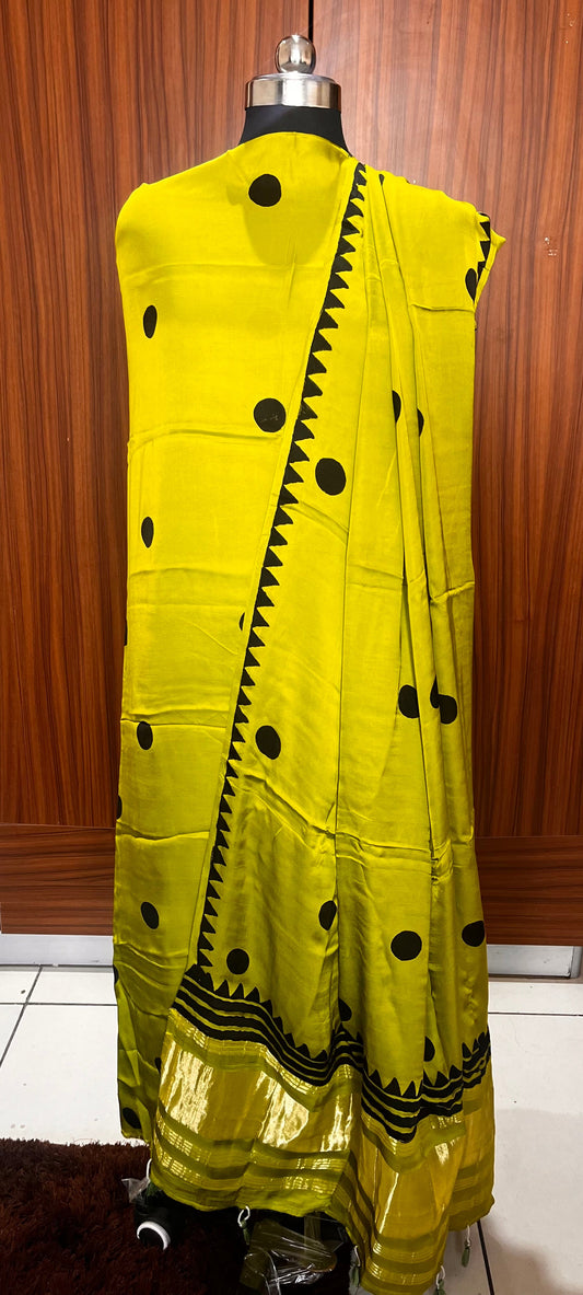 Lime Green Polka Motif Pure Modal Silk 2pc Suit Set with Lagdi Patti Dupatta