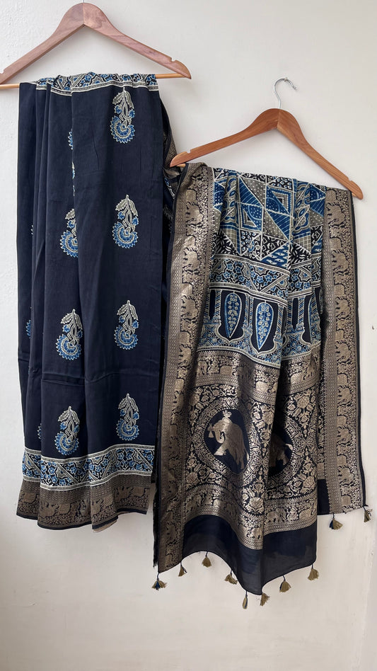 Black Mugal Buta Motif Ajrakh Hand Block Dola Silk Saree with Zari Pallu (With Blouse)