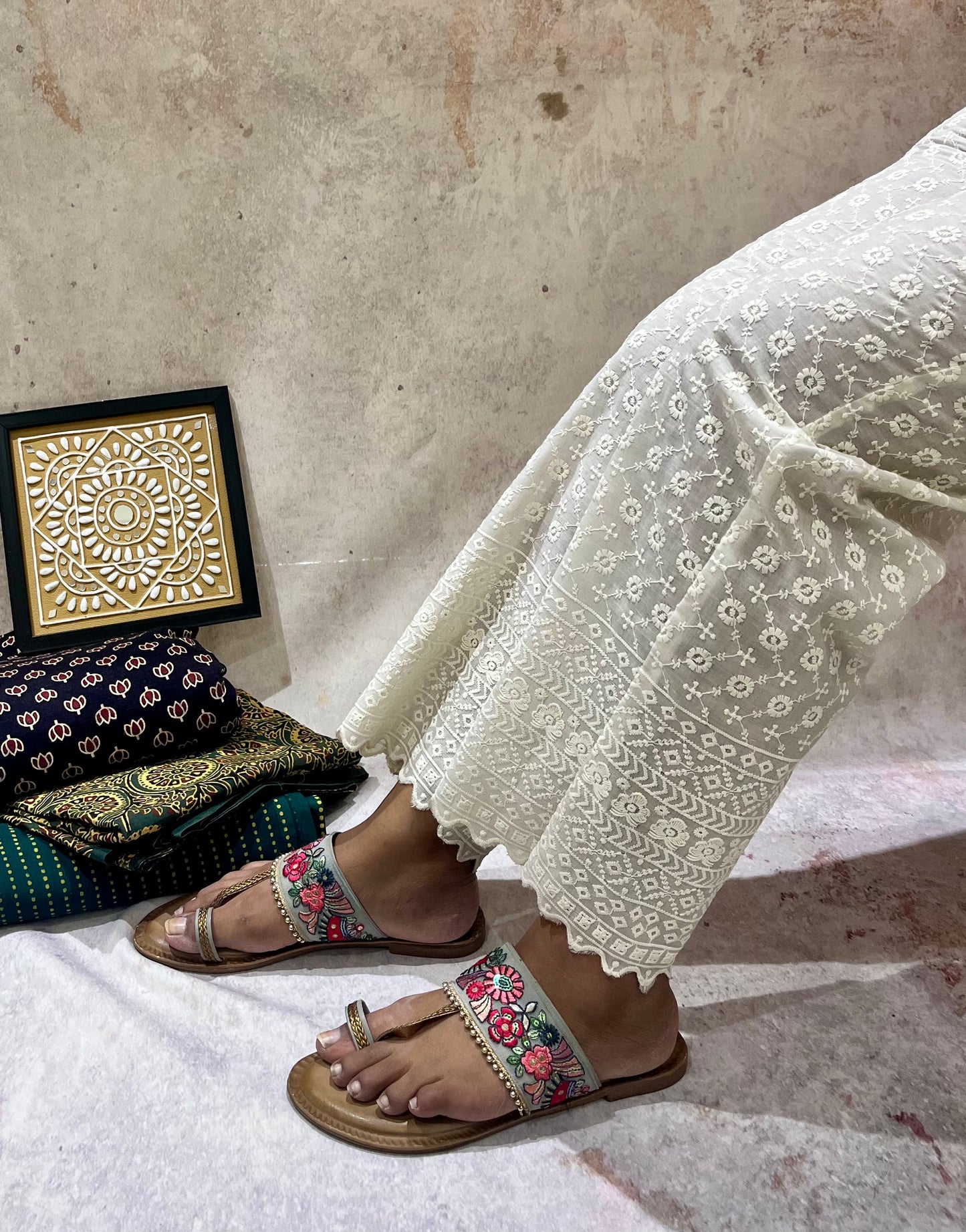 Off White Cotton Pants with Full Chikankari Work