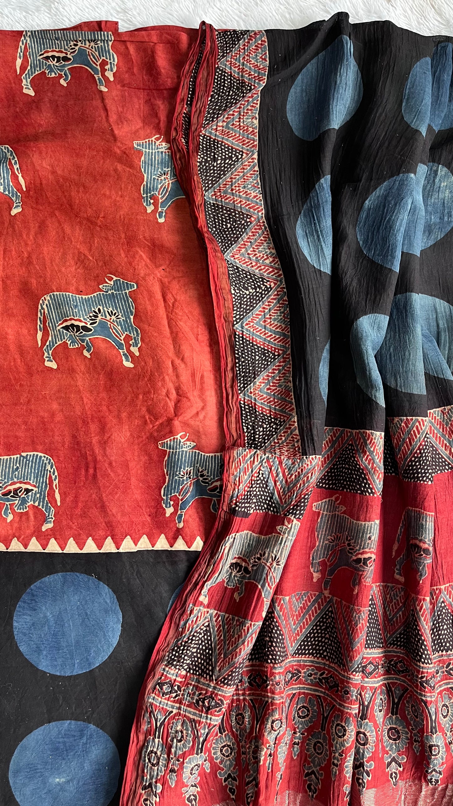 Red and Blue Cow and Polka Motif Ajrakh Hand Block Print Chanderi Silk Cotton 2 pc Suit Material