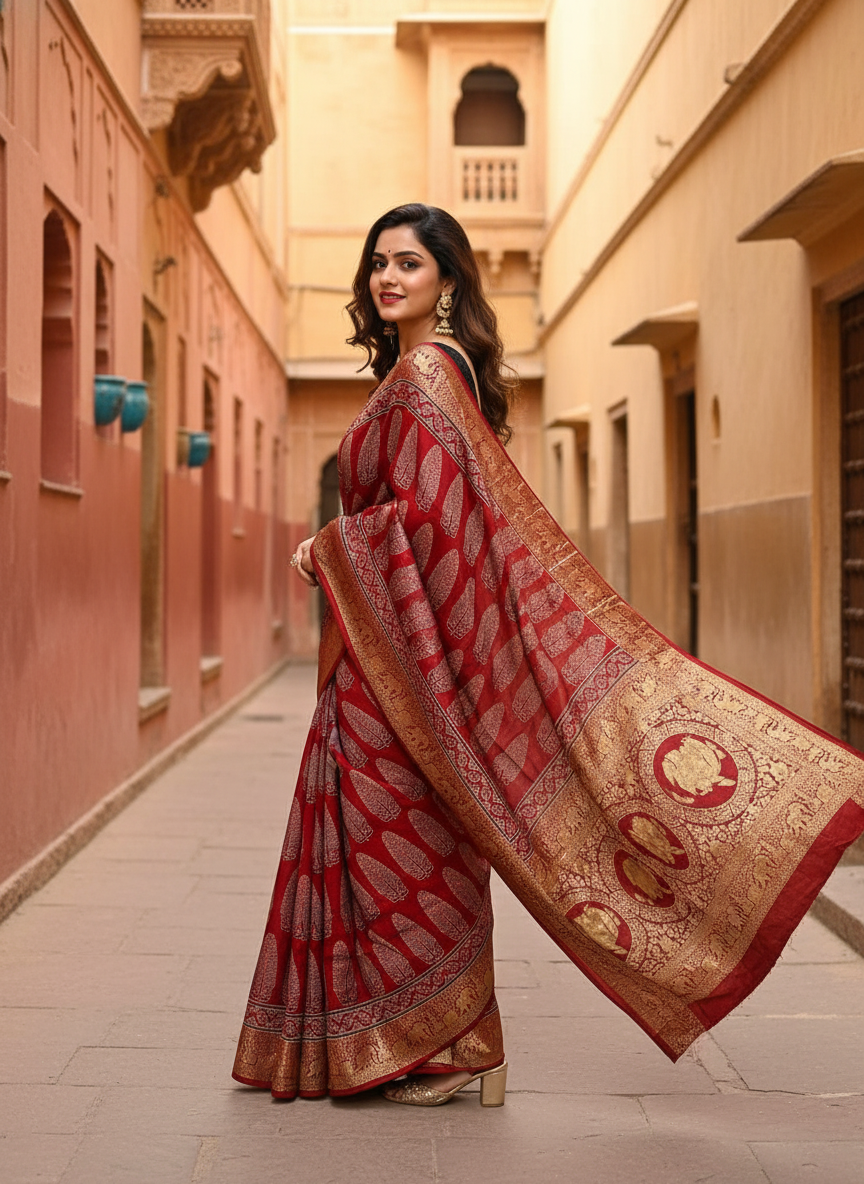 Red Asopallav Buta Motif Ajrakh Hand Block Dola Silk Saree with Zari Pallu (With Blouse)