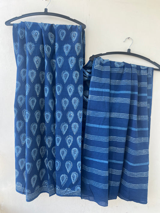 Teardrop Motif Indigo Akola Hand Block Mulmul Cotton Saree with Blouse
