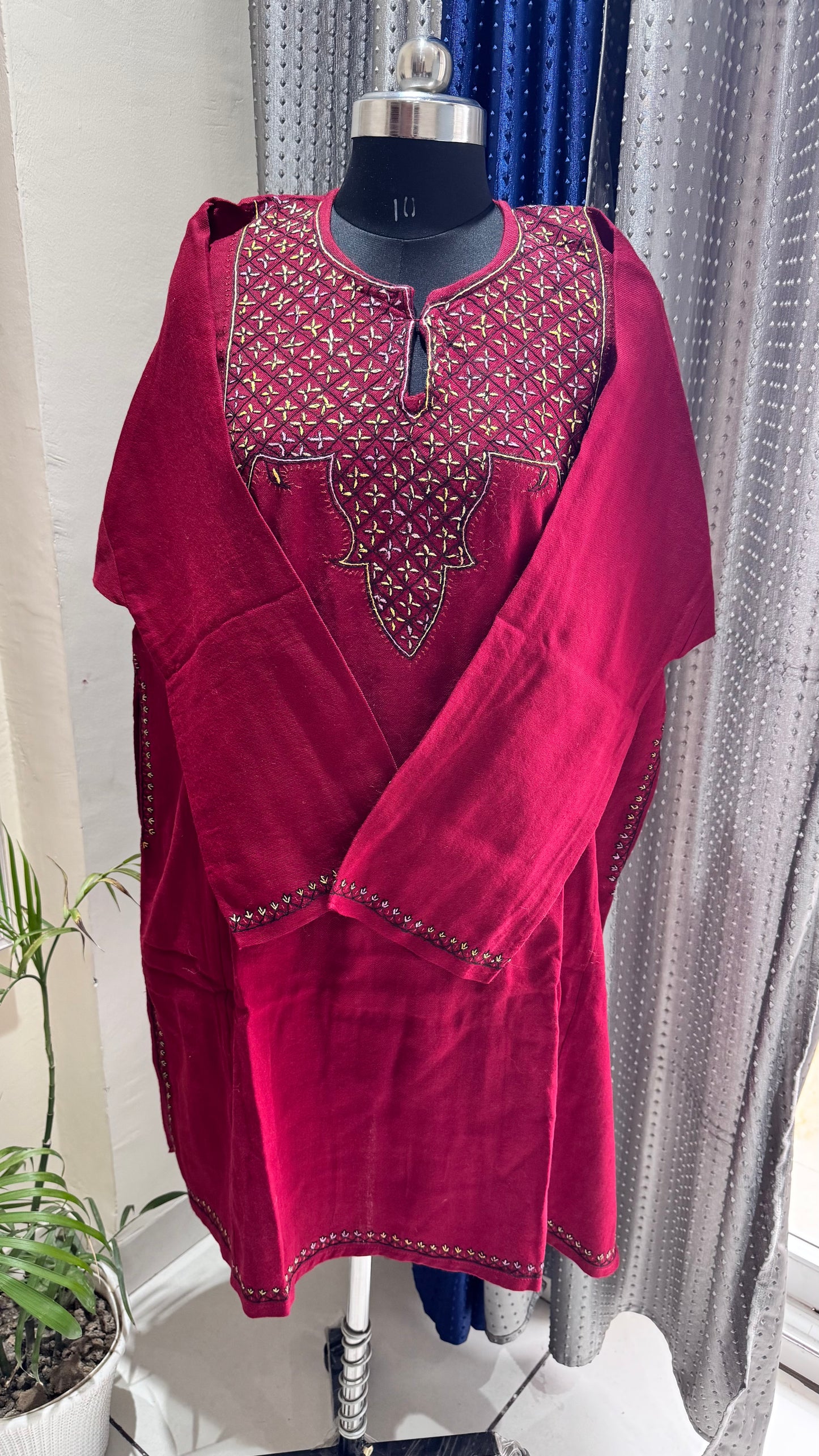 Maroon Floral Hand Embroidered Pure Marino Wool Kashmiri Pheran with Pockets and Hand Embroidered Sleeves (Size 58”)