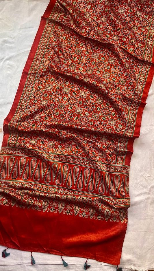 Red Classic Booti Motif Ajrakh Hand Block Print Mashru Silk Stole with Tassels