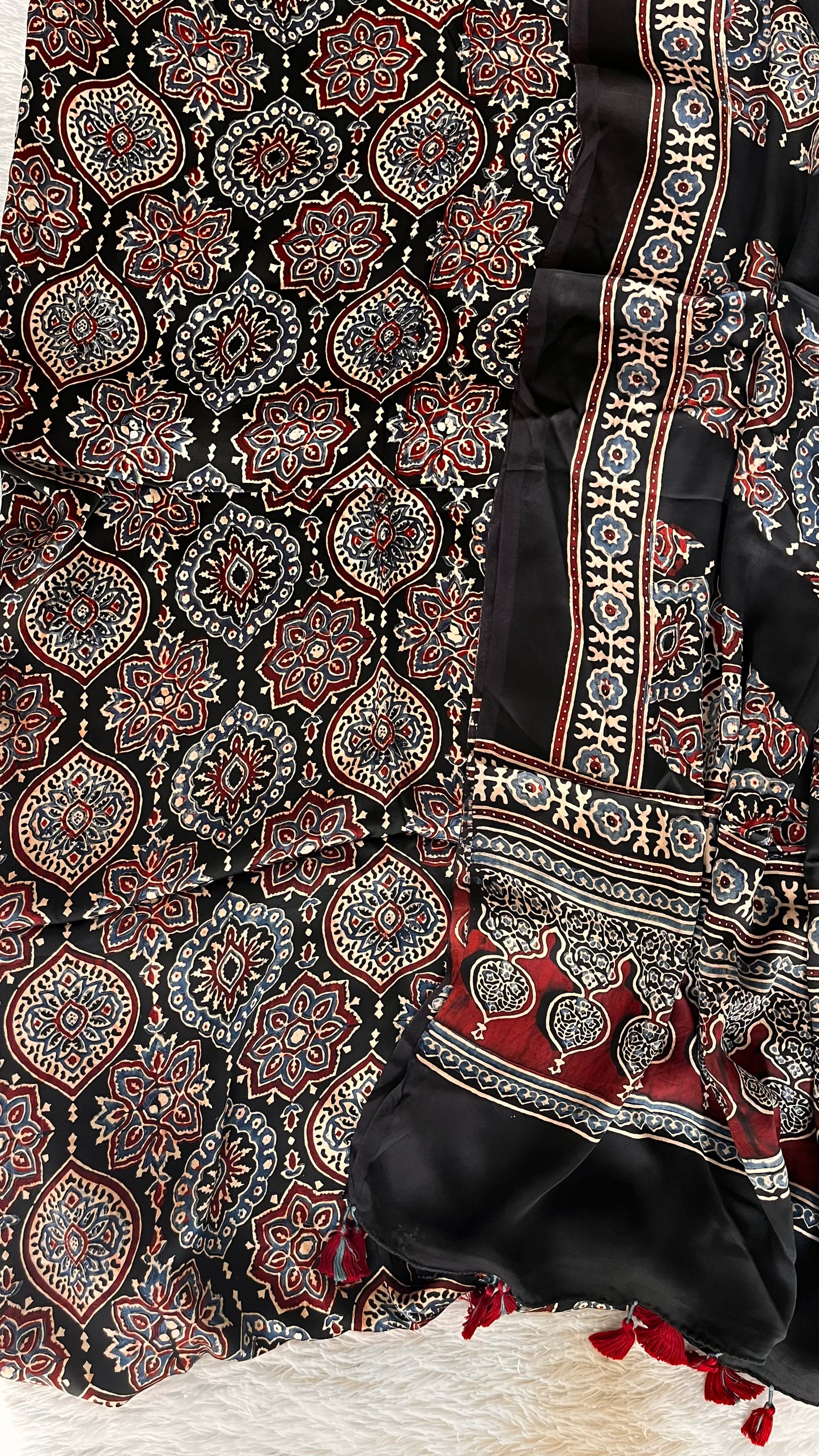 Jet Black Classic Badaam Buta Hand Block Print 2pc Suit Material Set with Modal Silk Dupatta