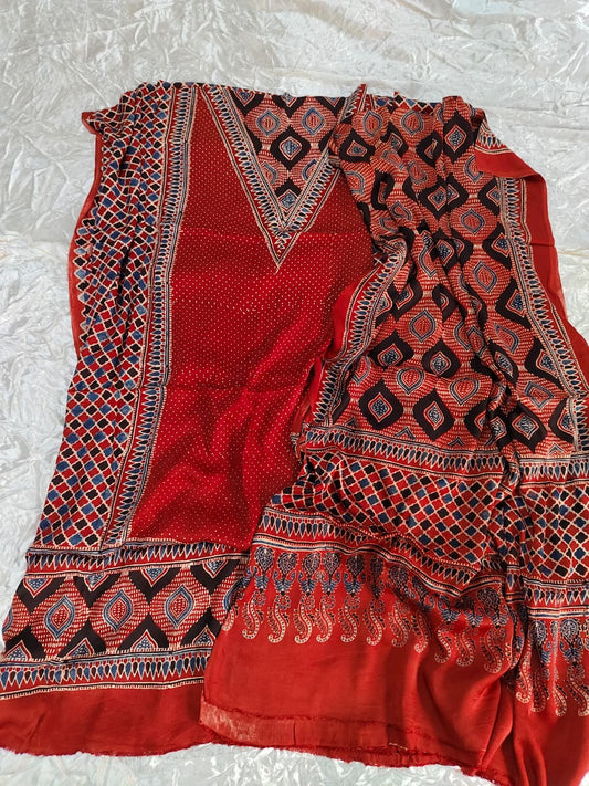 Deep Red Grid Print Ajrakh Motif Modal Silk 2pc Suit Set Material