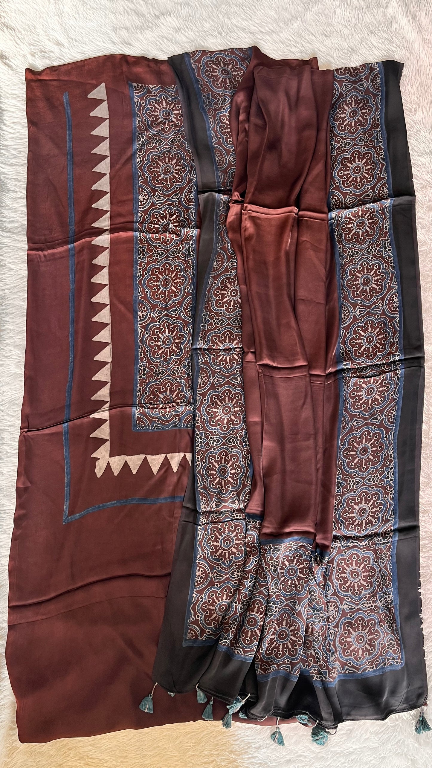 Dark Cocoa Shade Modal Silk Hand Block Print 2pc Suit Material Set with Modal Silk Dupatta
