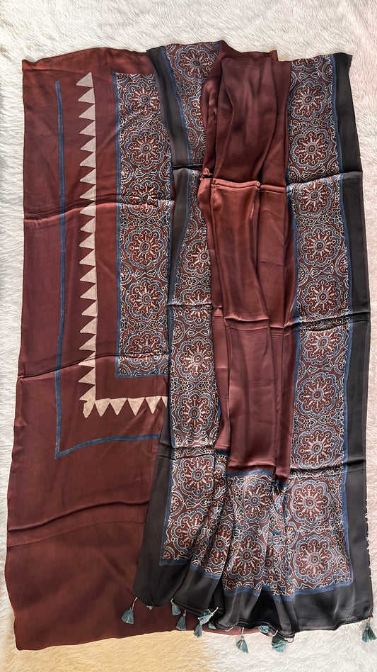 Dark Cocoa Shade Modal Silk Hand Block Print 2pc Suit Material Set with Modal Silk Dupatta