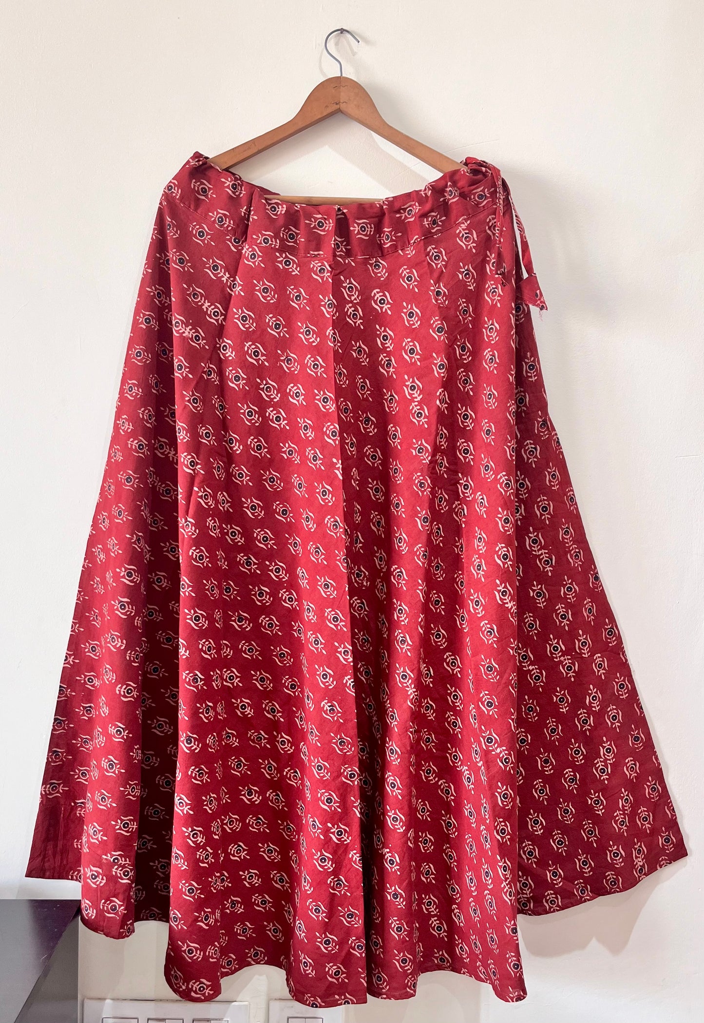 Deep Red Small Flower Motif Ajrakh Cotton Long Flared Skirt