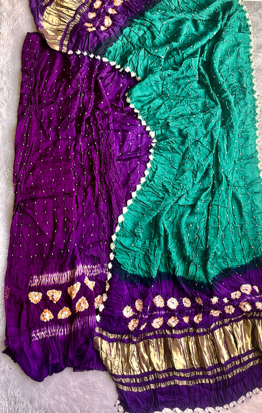 Rama Green and Purple Hand Block Print Pure Bandhej 2pc Suit Set with Lagdi Patti Dupatta