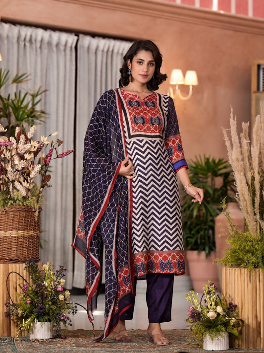 Black Zig Zag Ajrakh Motif Muslin Suit Set with Muslin Dupatta