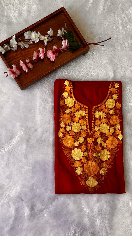 Red with Mustard Floral Aari Embroidered Pheran with Pockets