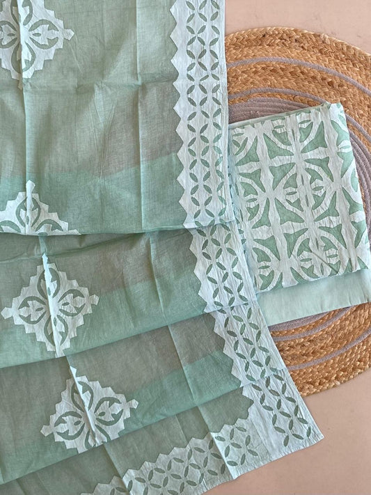 Pistachio Shade Barmer Applique Cut Work Cotton 3pc Suit Material Set