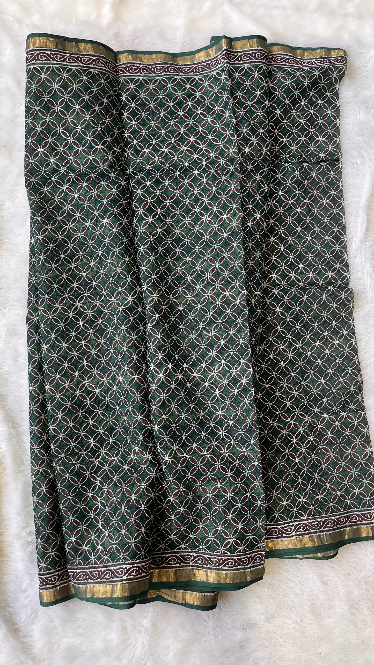 Green Grid Motif Akola Handblock Printed Kota Saree with Zari Border