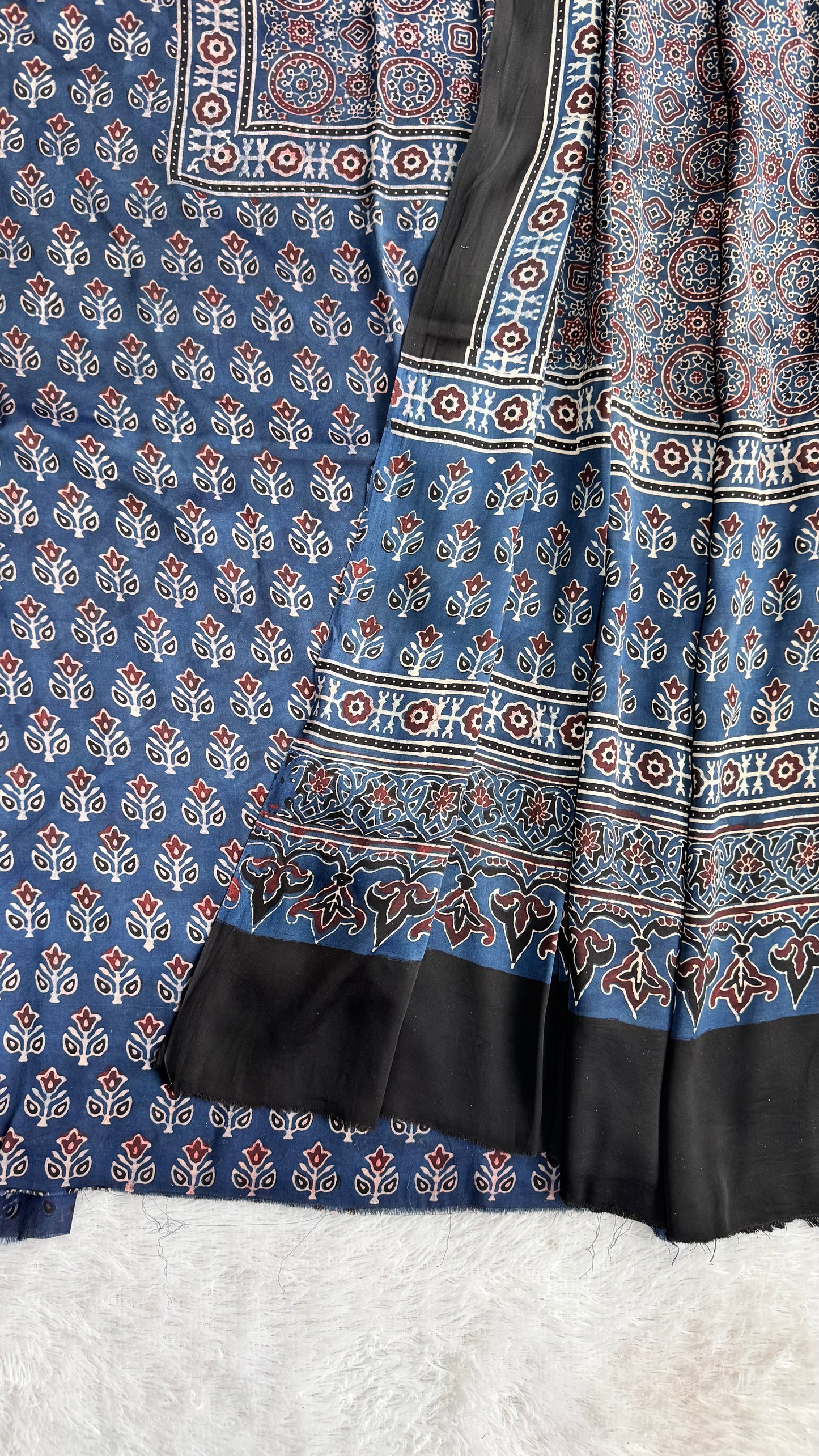 Blue Small Buti Motif Modal Silk Hand Block Print 2pc Suit Material Set