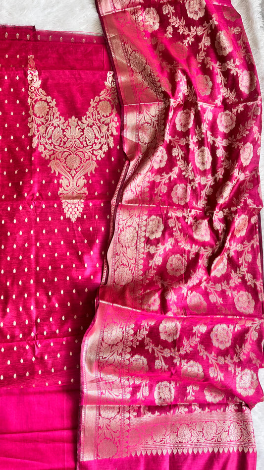 Pataka Pink Shade Banarasi Silk Cotton 3-Piece Suit with Banarasi Woven Yoke & Dupatta