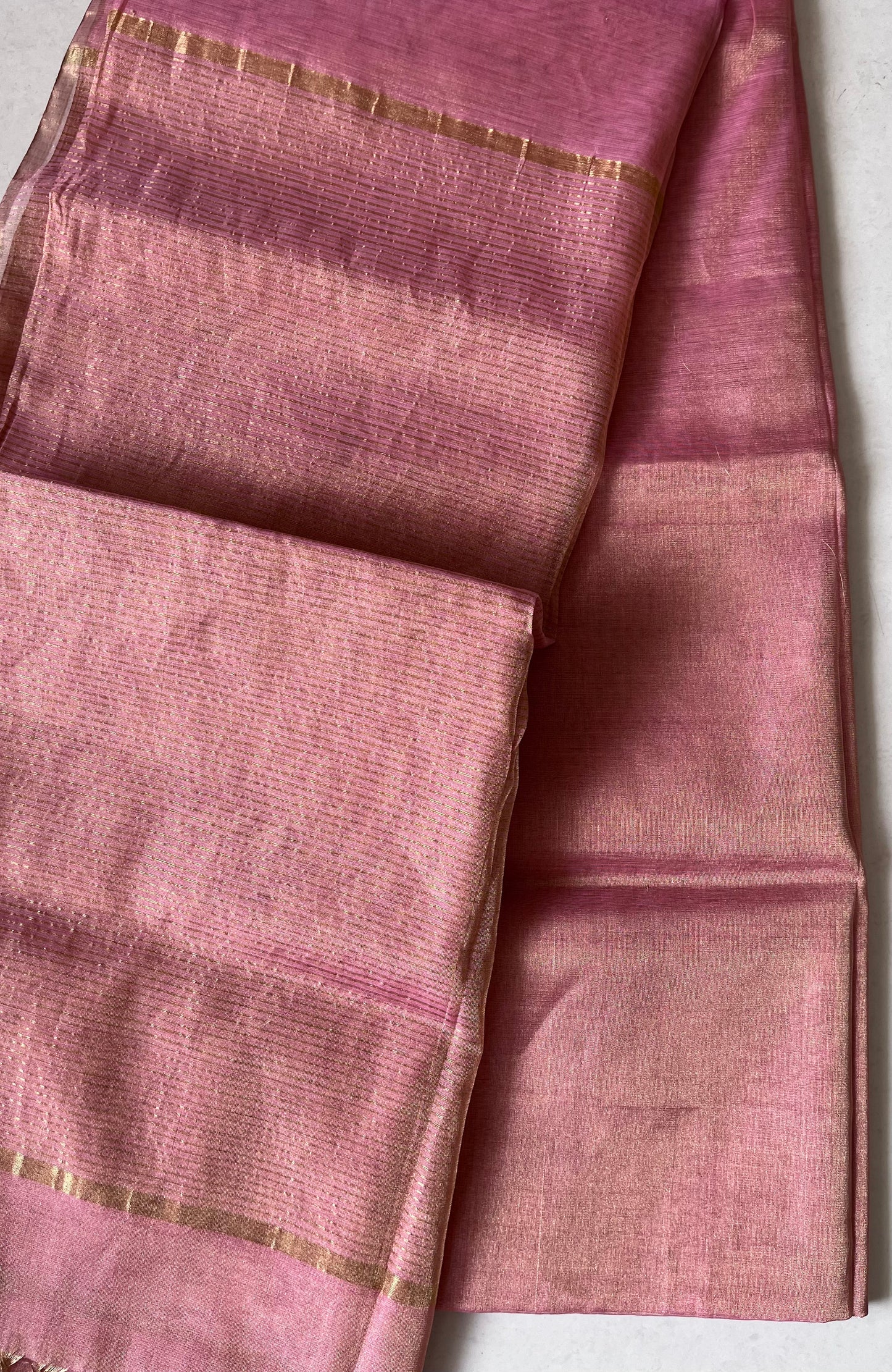 Rose Gold Pink Maheshwari Silk Saree with Gold Zari Pallu