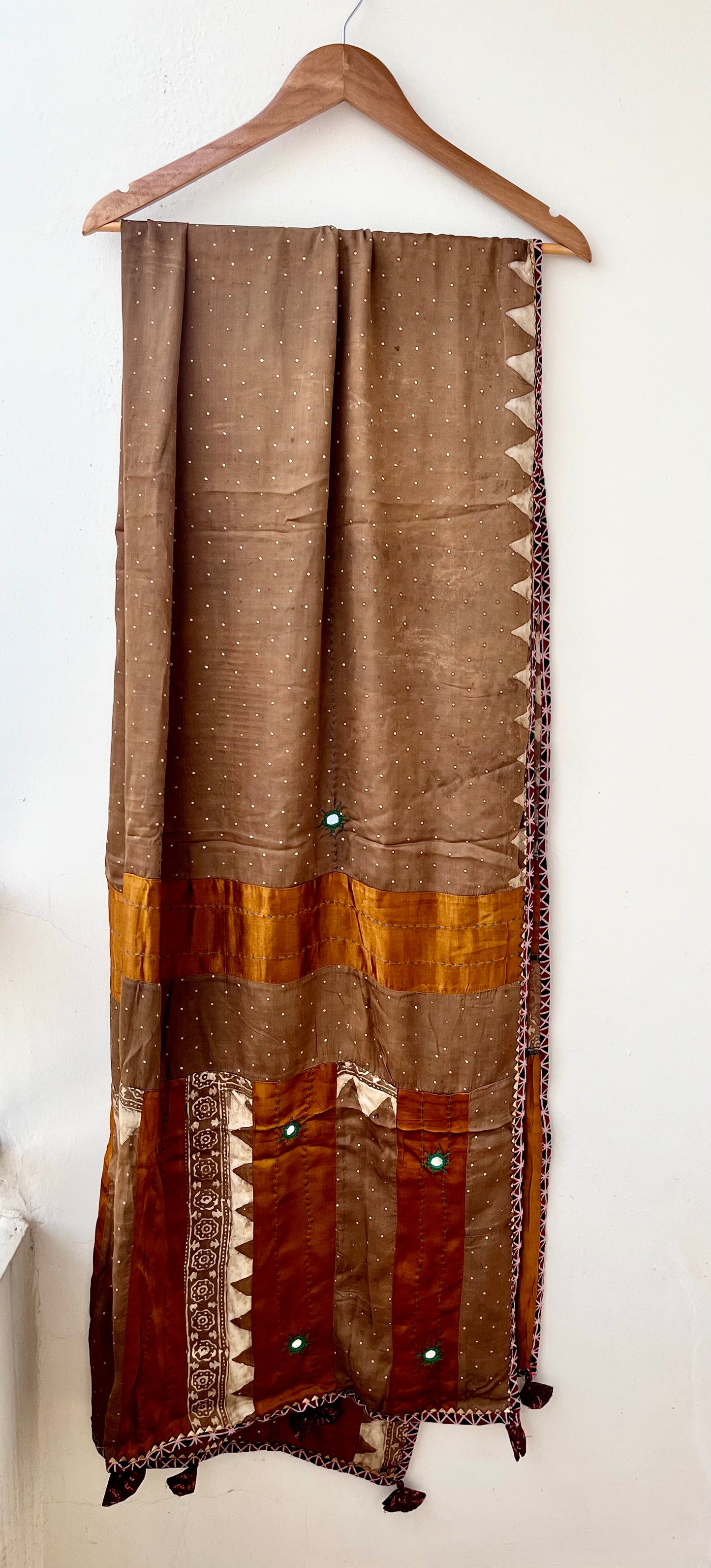 Mustard Ajrakh Applique Patchwork Modal Silk Kantha Work Dupatta with Tassels and Mirror-work