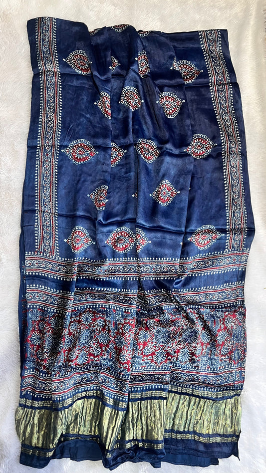 Royal Blue Sipi Motif Ajrakh Handblock Printed Modal Silk Lagdi Patti Dupatta