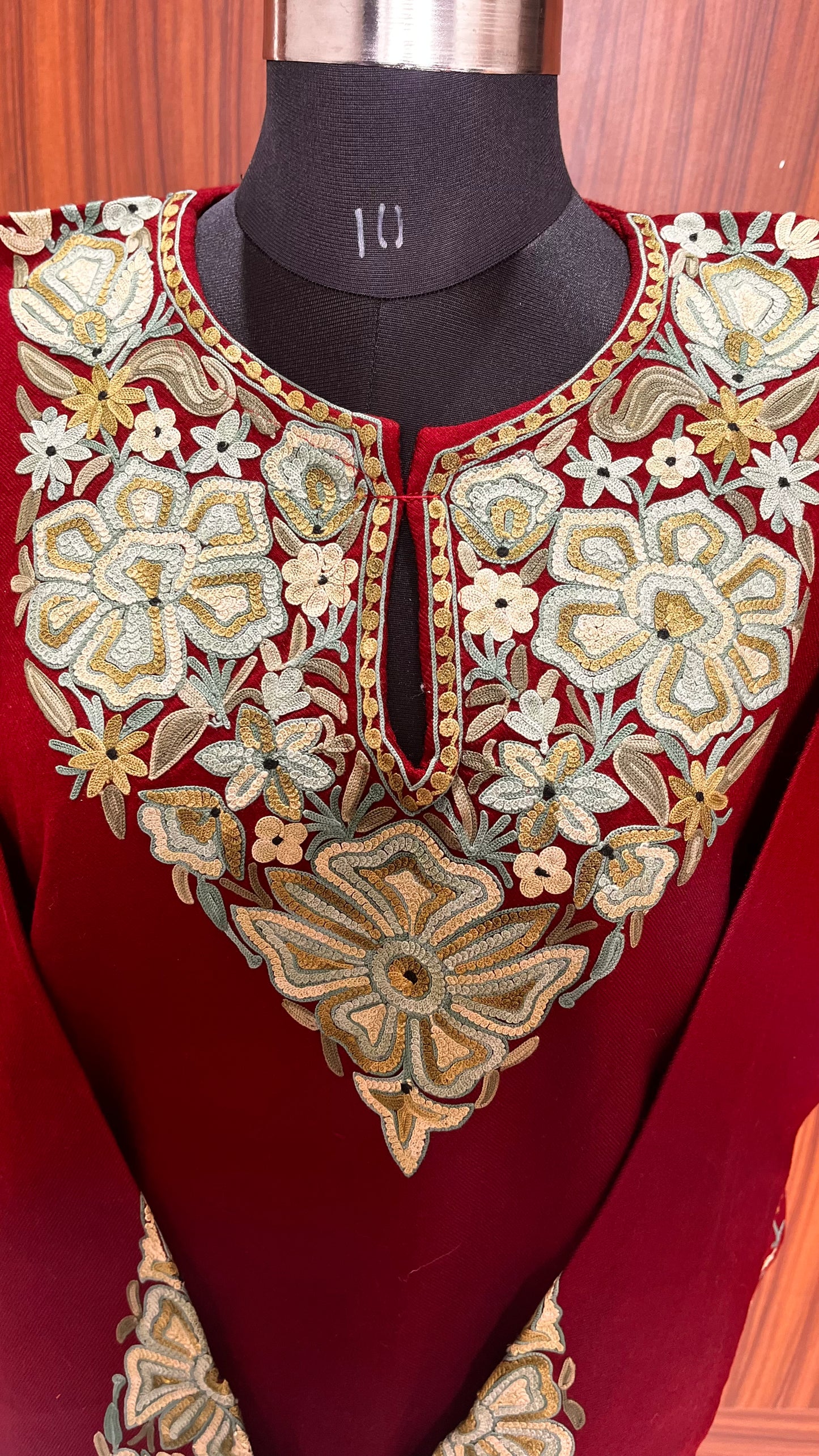 Maroon Shade Aari Hand Embroidered Pure Marino Wool Pheran with Pockets