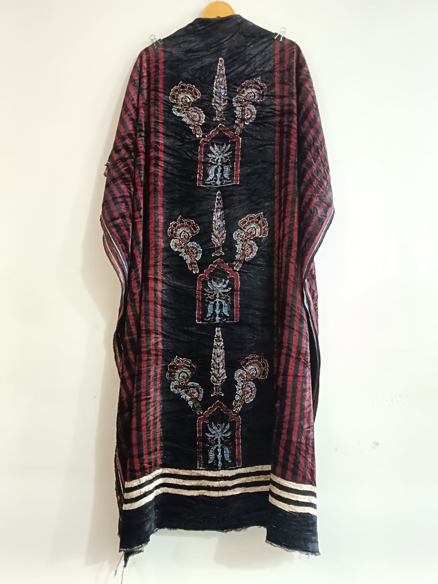 Black and Red Jharokha Buta Velvet Fabric Ajrakh Hand Block Print Designer Unstitched Fabric (Kurta Only)