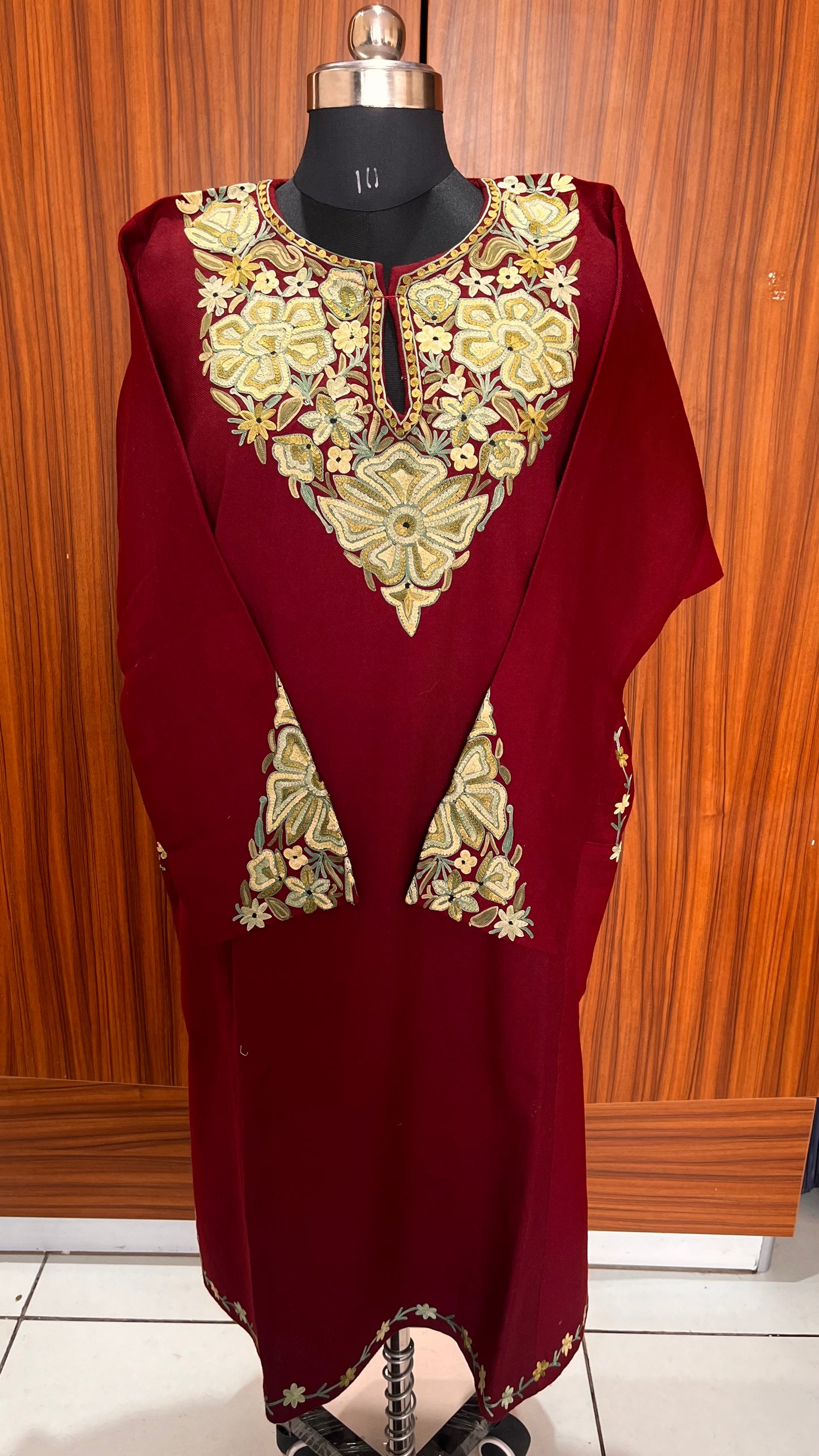 Maroon Shade Aari Hand Embroidered Pure Marino Wool Pheran with Pockets