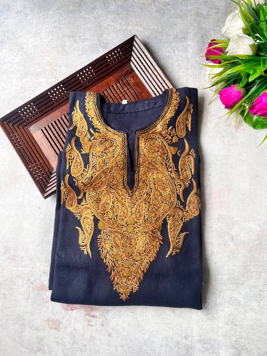 Navy Blue Aari Embroidered Woolen Pheran with Pockets