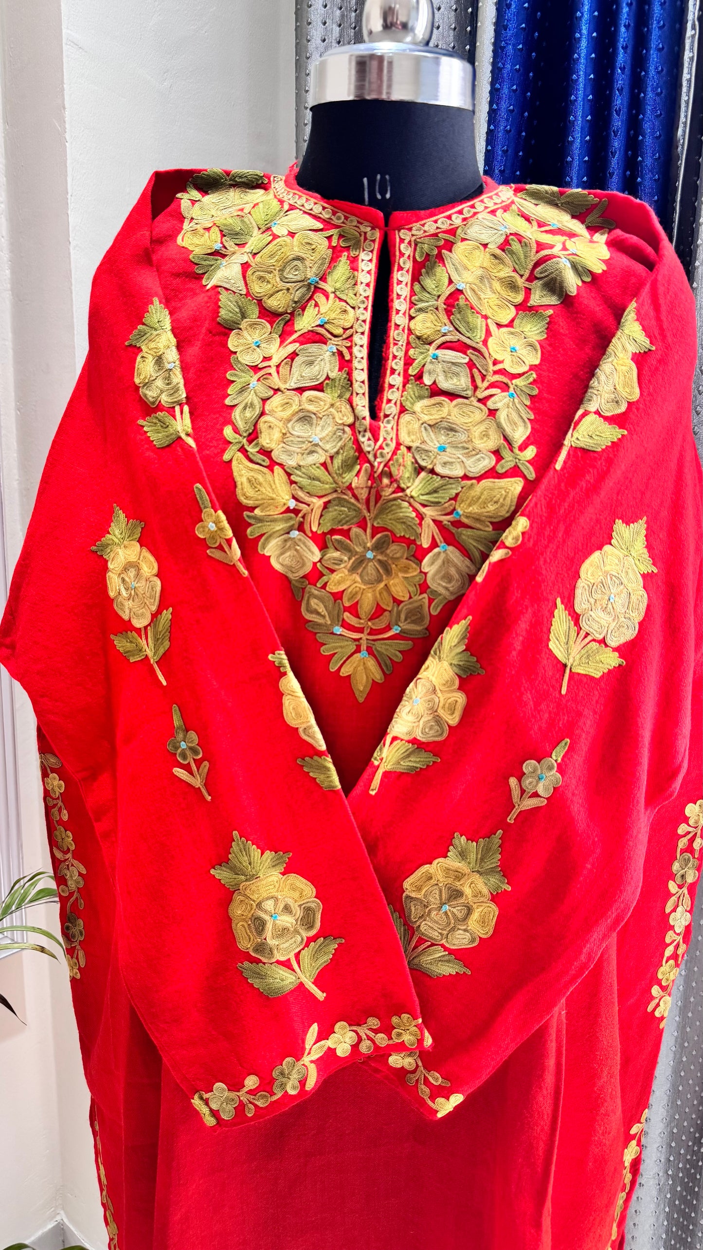 Ravishing Red Hand Embroidered Pure Marino Wool Kashmiri Pheran with Pockets and Hand Embroidered Sleeves (Size 56”)