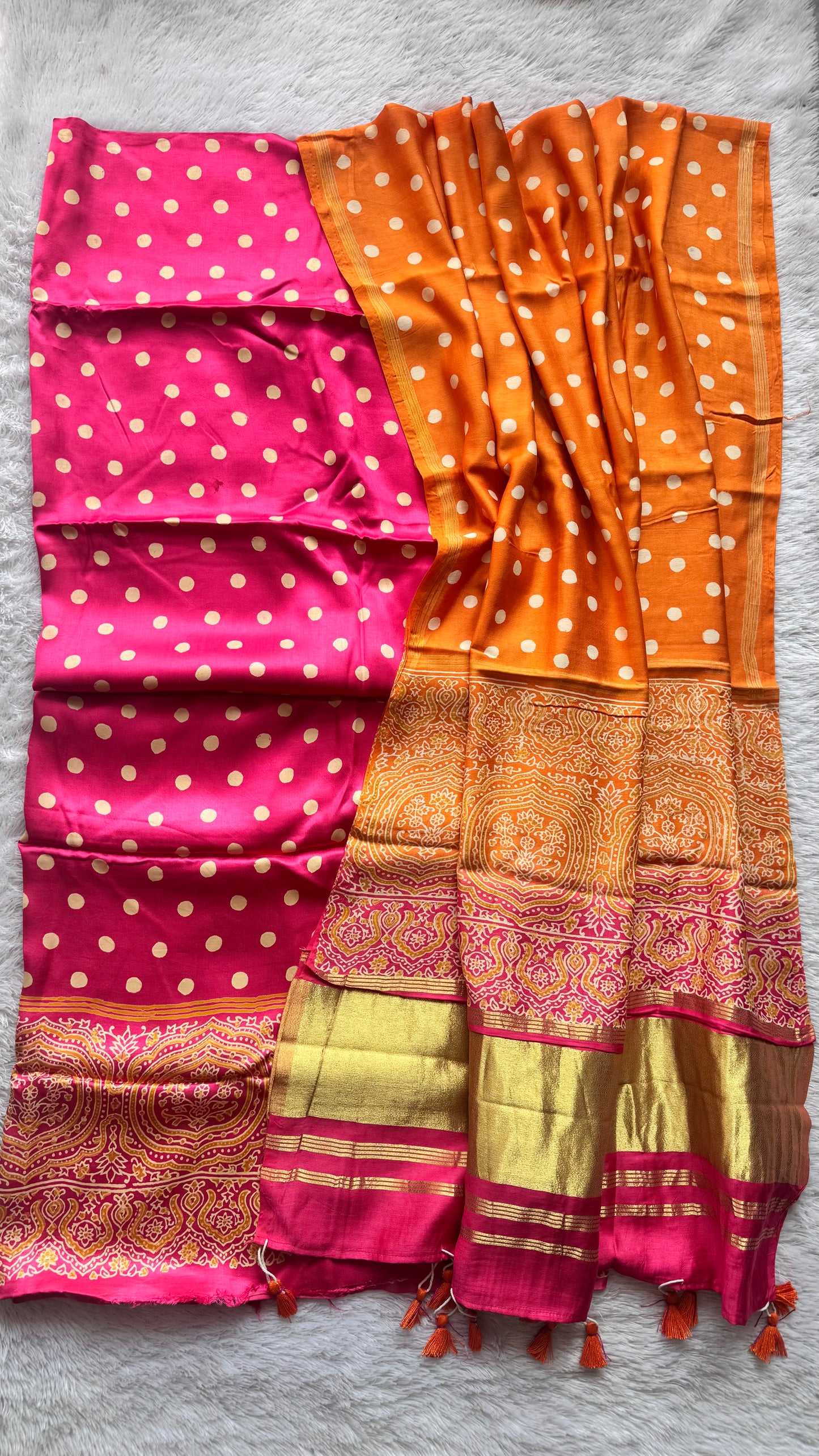 Hot Pink and Orange Polka Dotted 3 pc Suit Material Set with Modal Silk Lagdi Patti Dupatta