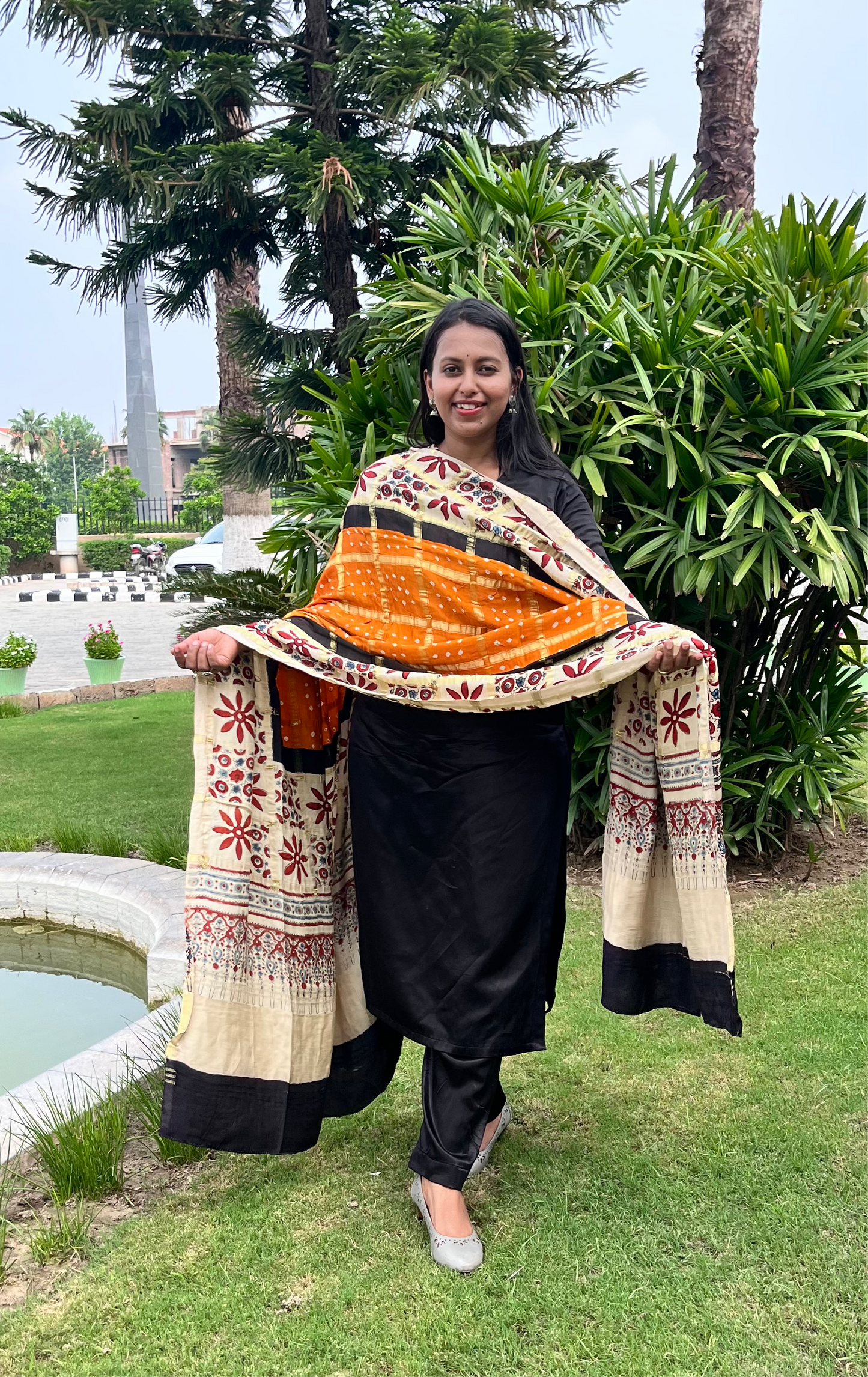 Mustard Gharchola Modal Silk Bandhani Ajrakh Dupatta with Lagdi Patti