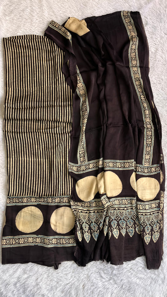 Black and White Dhaari Motif Modal Silk Suit Material with Ajrakh Modal Dupatta