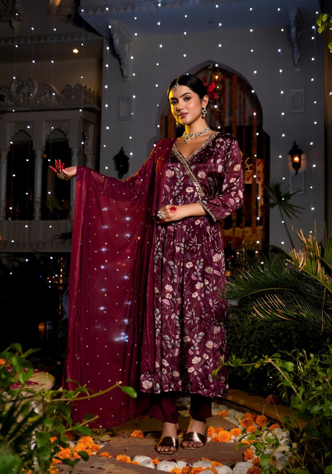 Wine Shade Floral Print Pure Chinon Suit Set with Lace Dupatta