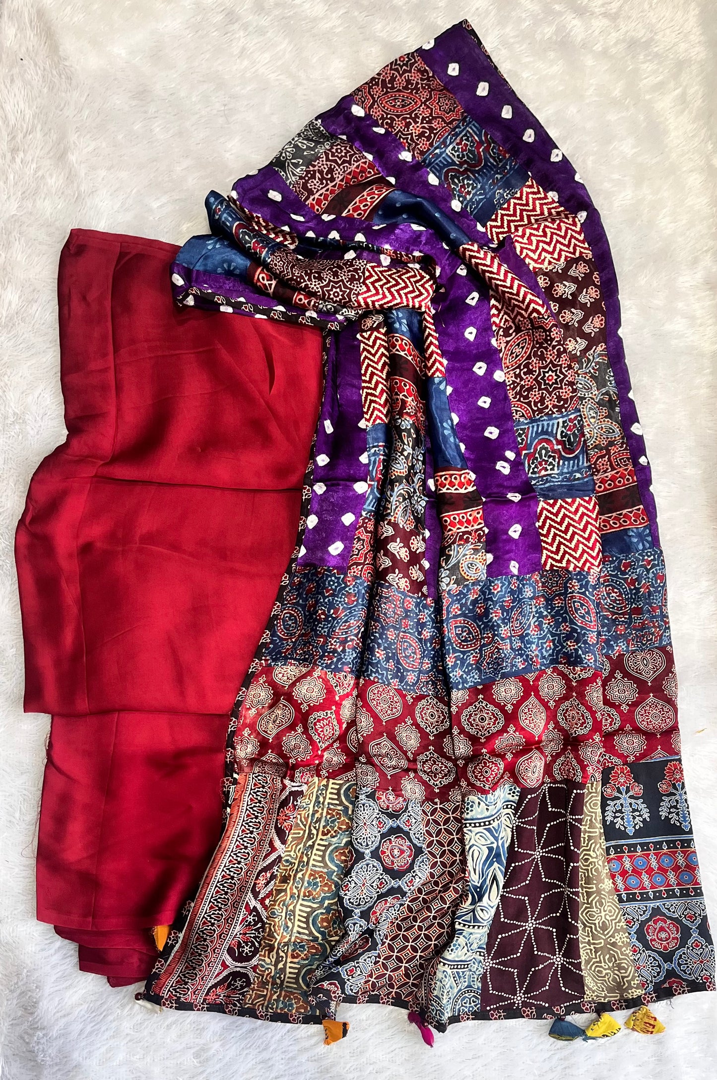 Maroon and Purple Modal Silk Ajrakh Natural Dyed Hand Block Print 2pc Suit Set