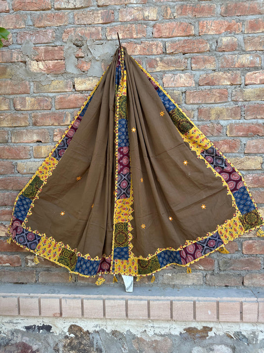 Brown Shade Ajrakh Applique Patchwork Border Cotton Dupatta with Mirror Work