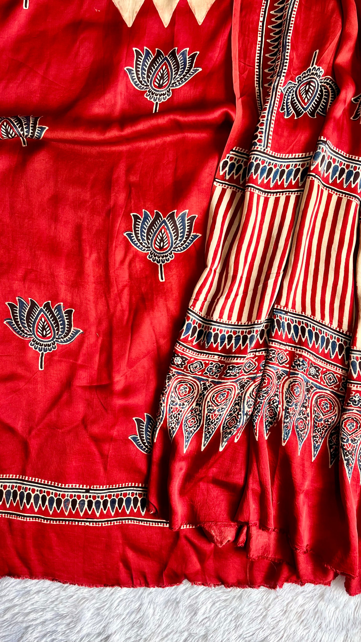 Deep Red Kamal Motif Pure Modal Silk Suit Set with Modal Silk Dupatta