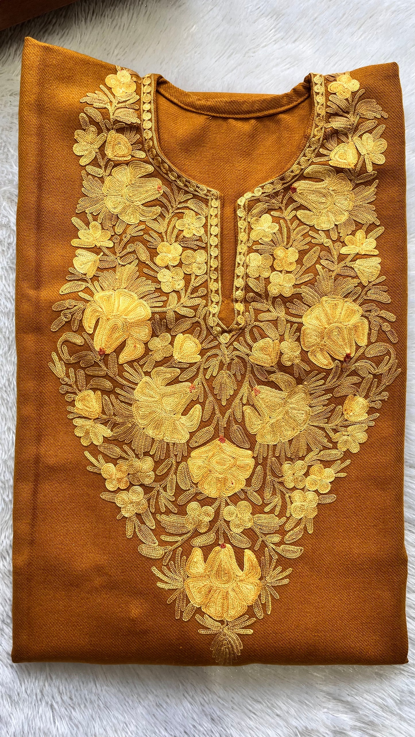 Mustard Shade with Matching Kashmiri Aari Work Full Embroidered Pheran with Pockets